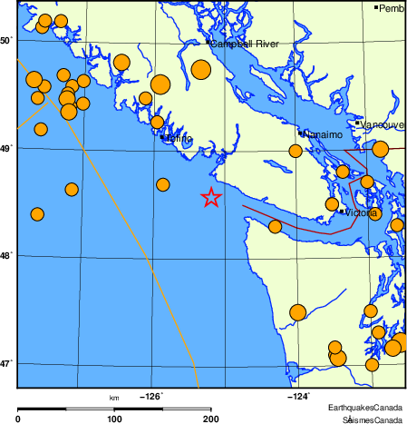 Map of historical earthquakes magnitude 5.0 and larger.  Details in the data table below