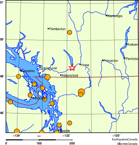 Map of historical earthquakes magnitude 5.0 and larger.  Details in the data table below