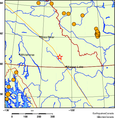 Map of historical earthquakes magnitude 5.0 and larger.  Details in the data table below