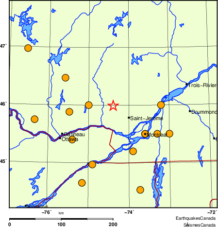 Map of historical earthquakes magnitude 5.0 and larger.  Details in the data table below