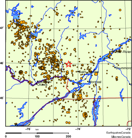 carte des des séismes de magnitude 2,0 et plus depuis 2000