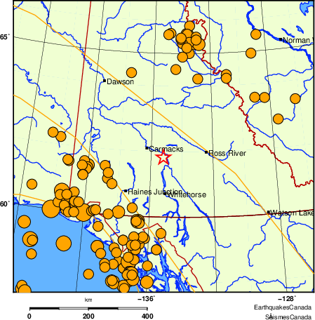 Map of historical earthquakes magnitude 5.0 and larger.  Details in the data table below