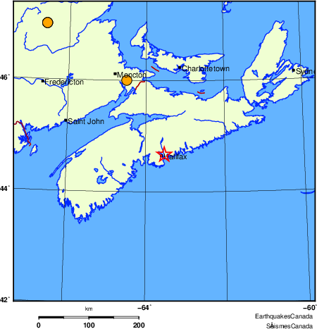 Map of historical earthquakes magnitude 5.0 and larger.  Details in the data table below