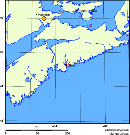 Map of historical earthquakes magnitude 5.0 and larger.  Details in the data table below