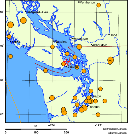 Map of historical earthquakes magnitude 5.0 and larger.  Details in the data table below