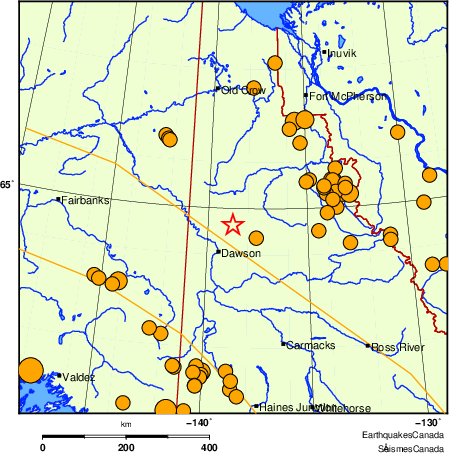 Map of historical earthquakes magnitude 5.0 and larger.  Details in the data table below