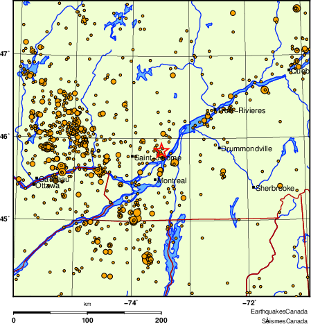 carte des des séismes de magnitude 2,0 et plus depuis 2000