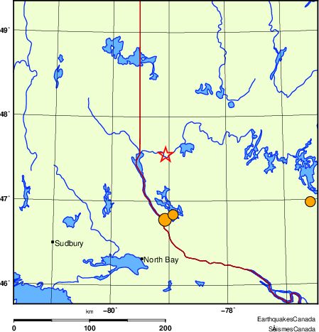 Map of historical earthquakes magnitude 5.0 and larger.  Details in the data table below