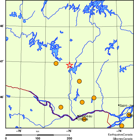 Map of historical earthquakes magnitude 5.0 and larger.  Details in the data table below