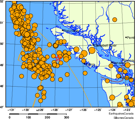 Map of historical earthquakes magnitude 5.0 and larger.  Details in the data table below