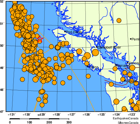 Map of historical earthquakes magnitude 5.0 and larger.  Details in the data table below