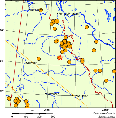 carte des séismes historiques de magnitude 5,0 et plus.  Détails dans le tableau de données ci-dessous