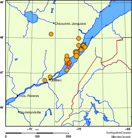 carte des séismes historiques de magnitude 5,0 et plus.  Détails dans le tableau de données ci-dessous