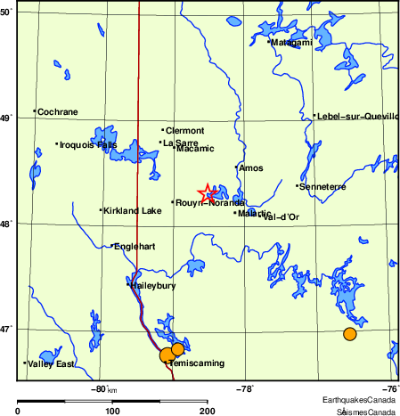 Map of historical earthquakes magnitude 5.0 and larger.  Details in the data table below