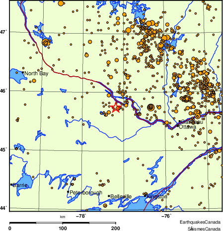 carte des des séismes de magnitude 2,0 et plus depuis 2000