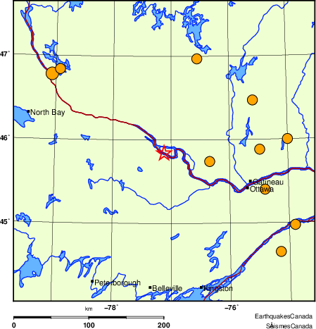 Map of historical earthquakes magnitude 5.0 and larger.  Details in the data table below