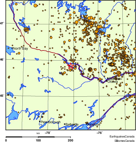 carte des des séismes de magnitude 2,0 et plus depuis 2000