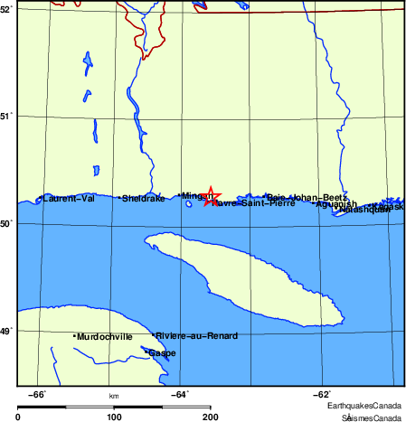 Map of historical earthquakes magnitude 5.0 and larger.  Details in the data table below