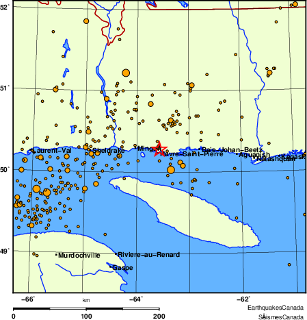 carte des des séismes de magnitude 2,0 et plus depuis 2000