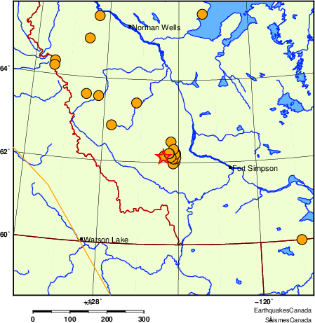 Map of historical earthquakes magnitude 5.0 and larger.  Details in the data table below