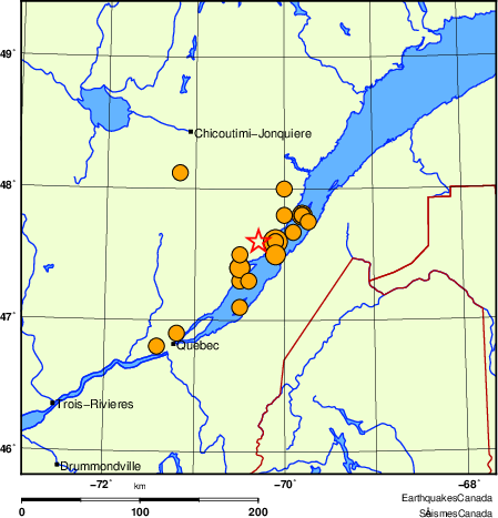 carte des séismes historiques de magnitude 5,0 et plus.  Détails dans le tableau de données ci-dessous