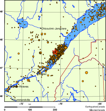 carte des des séismes de magnitude 2,0 et plus depuis 2000