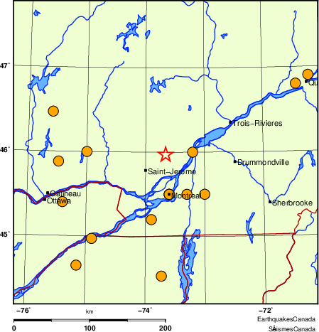 Map of historical earthquakes magnitude 5.0 and larger.  Details in the data table below