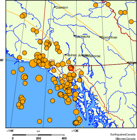 carte des séismes historiques de magnitude 5,0 et plus.  Détails dans le tableau de données ci-dessous