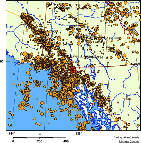 carte des des séismes de magnitude 2,0 et plus depuis 2000