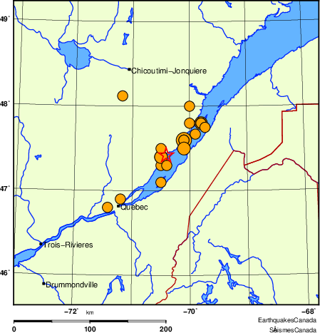 carte des séismes historiques de magnitude 5,0 et plus.  Détails dans le tableau de données ci-dessous