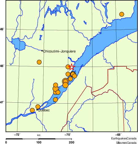 Map of historical earthquakes magnitude 5.0 and larger.  Details in the data table below