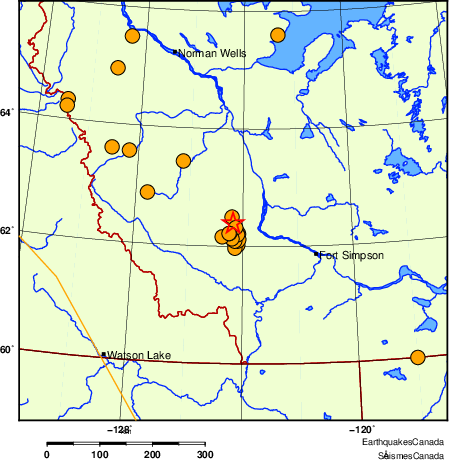 carte des séismes historiques de magnitude 5,0 et plus.  Détails dans le tableau de données ci-dessous