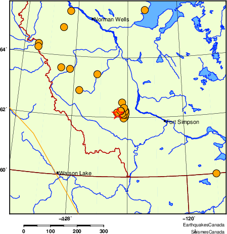 carte des séismes historiques de magnitude 5,0 et plus.  Détails dans le tableau de données ci-dessous