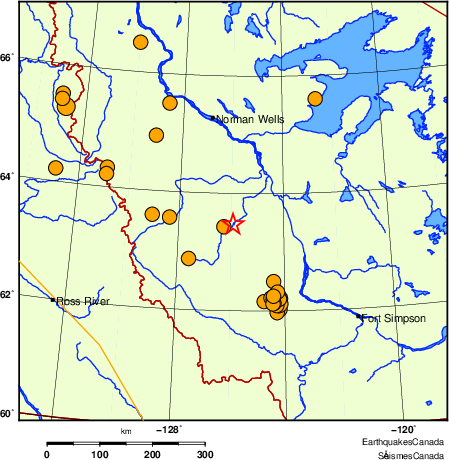 carte des séismes historiques de magnitude 5,0 et plus.  Détails dans le tableau de données ci-dessous