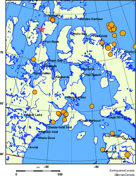 Map of historical earthquakes magnitude 5.0 and larger.  Details in the data table below