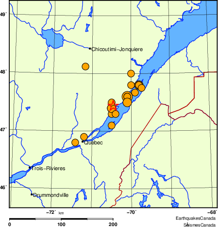 carte des séismes historiques de magnitude 5,0 et plus.  Détails dans le tableau de données ci-dessous