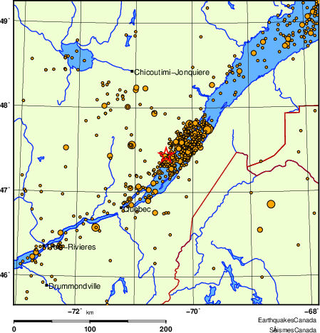 carte des des séismes de magnitude 2,0 et plus depuis 2000