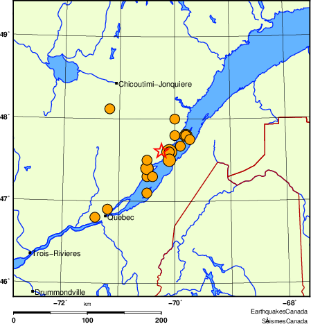 carte des séismes historiques de magnitude 5,0 et plus.  Détails dans le tableau de données ci-dessous