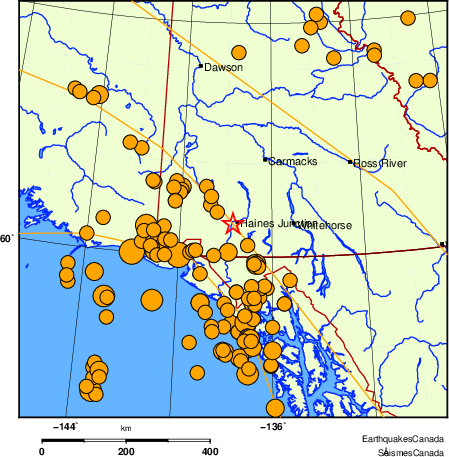 Map of historical earthquakes magnitude 5.0 and larger.  Details in the data table below