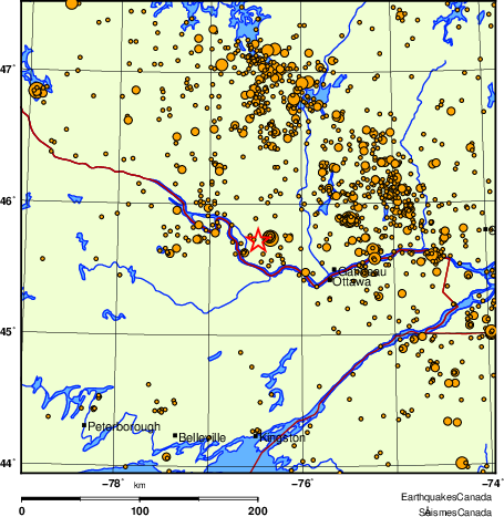 carte des des séismes de magnitude 2,0 et plus depuis 2000