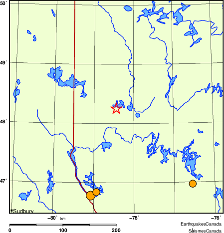 Map of historical earthquakes magnitude 5.0 and larger.  Details in the data table below