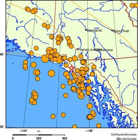 carte des séismes historiques de magnitude 5,0 et plus.  Détails dans le tableau de données ci-dessous