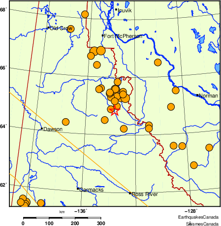 carte des séismes historiques de magnitude 5,0 et plus.  Détails dans le tableau de données ci-dessous