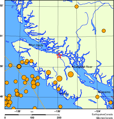 Map of historical earthquakes magnitude 5.0 and larger.  Details in the data table below