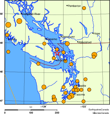 Map of historical earthquakes magnitude 5.0 and larger.  Details in the data table below