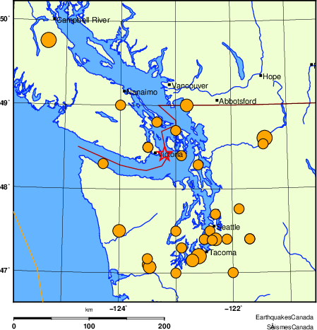 Map of historical earthquakes magnitude 5.0 and larger.  Details in the data table below