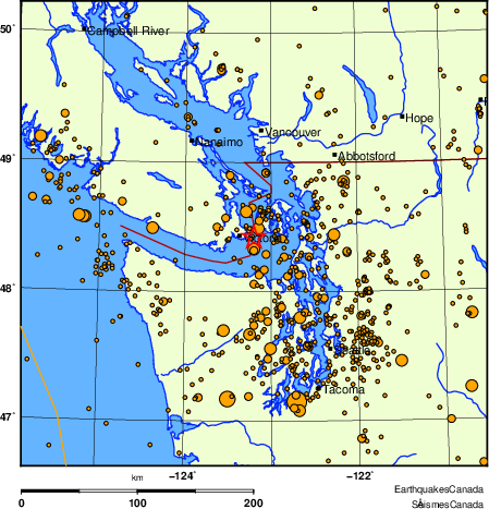 carte des des séismes de magnitude 2,0 et plus depuis 2000