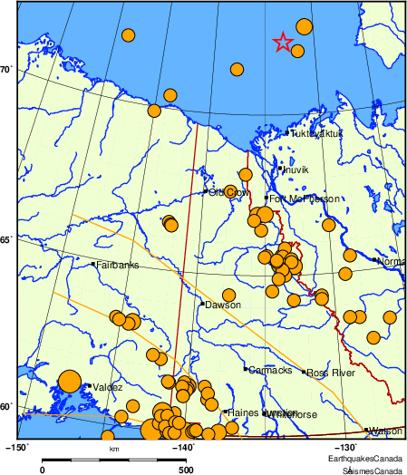 Map of historical earthquakes magnitude 5.0 and larger.  Details in the data table below