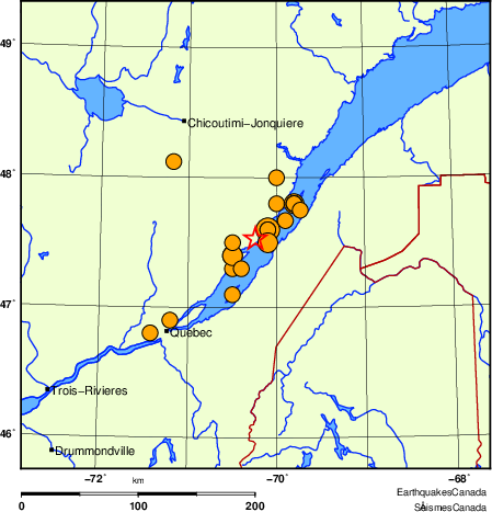 carte des séismes historiques de magnitude 5,0 et plus.  Détails dans le tableau de données ci-dessous