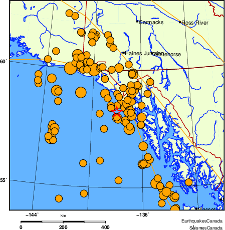 Map of historical earthquakes magnitude 5.0 and larger.  Details in the data table below